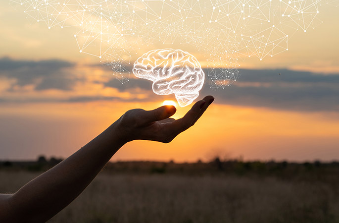 A hand holding a drawing of a brain in front of a setting sun.